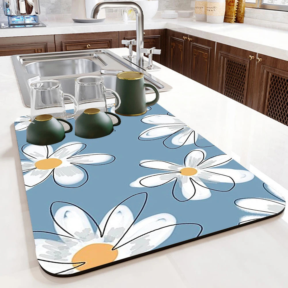 tapis cuisine moderne drain pad anti dérapant absorbant fleurs blanches fond bleuclair carreaux colorés