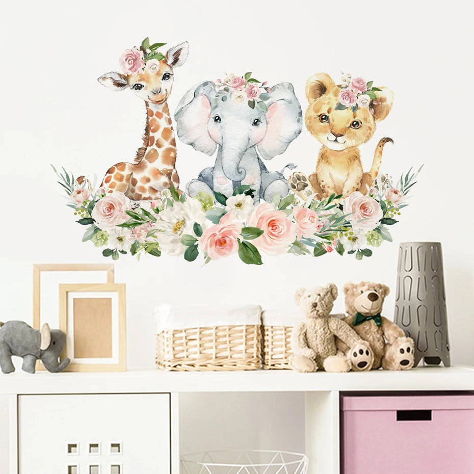 Vue d'ensemble de la chambre décorée avec autocollant mural floral