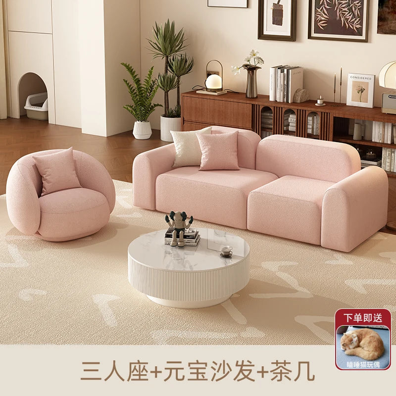 canapé moderne rose clair uni bois salon minimaliste 210cm 170cm 240cm coussins