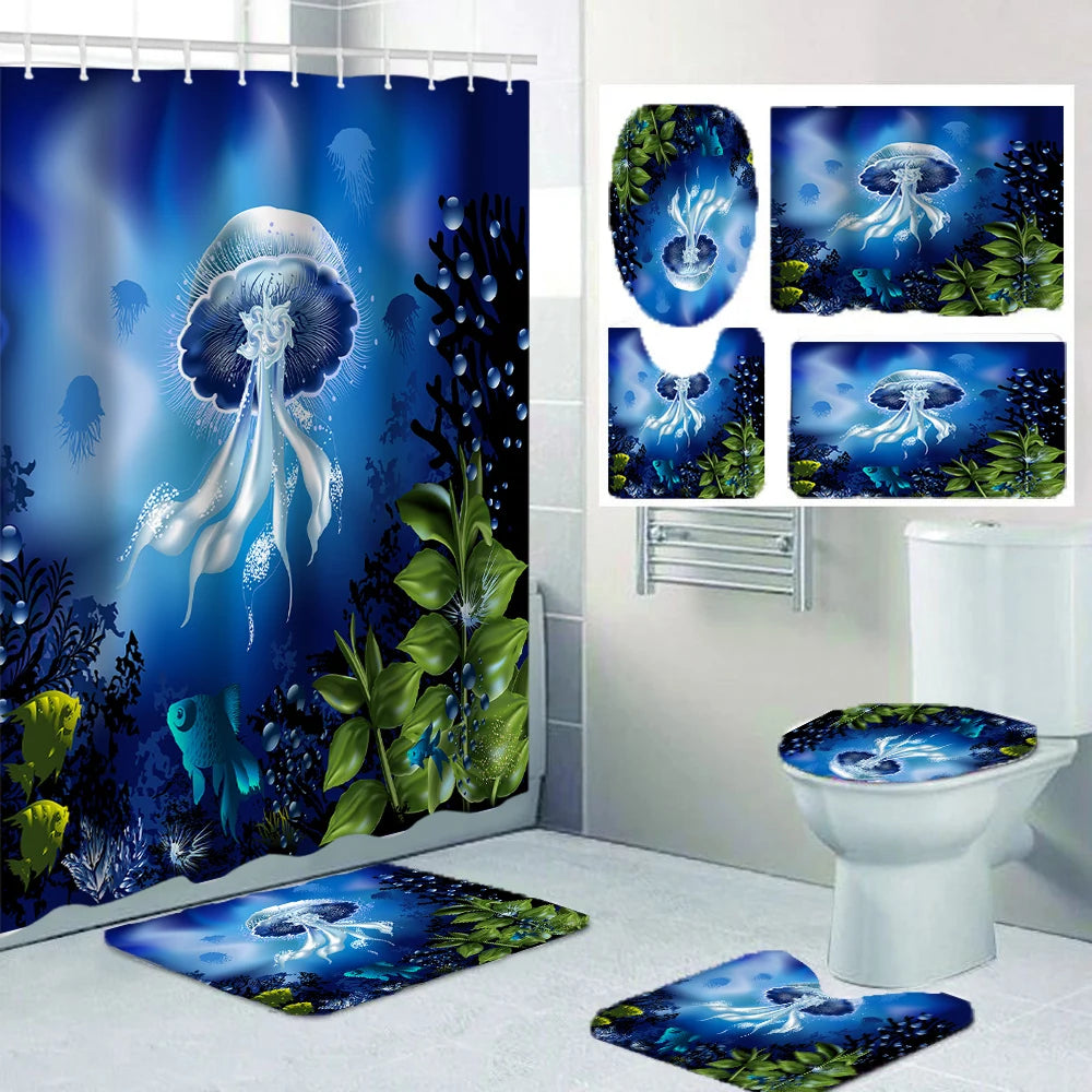 rideau douche motif marine tapis bain couvercle toilette poissons coraux