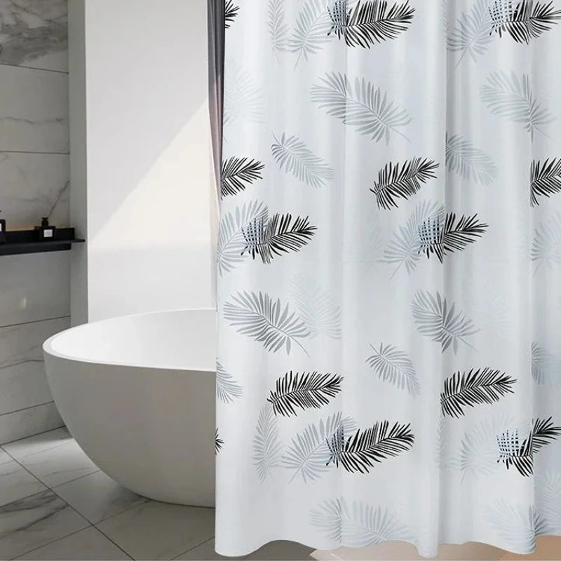 rideau douche moderne feuilles palmier blanc gris noir translucide 240cm anneaux