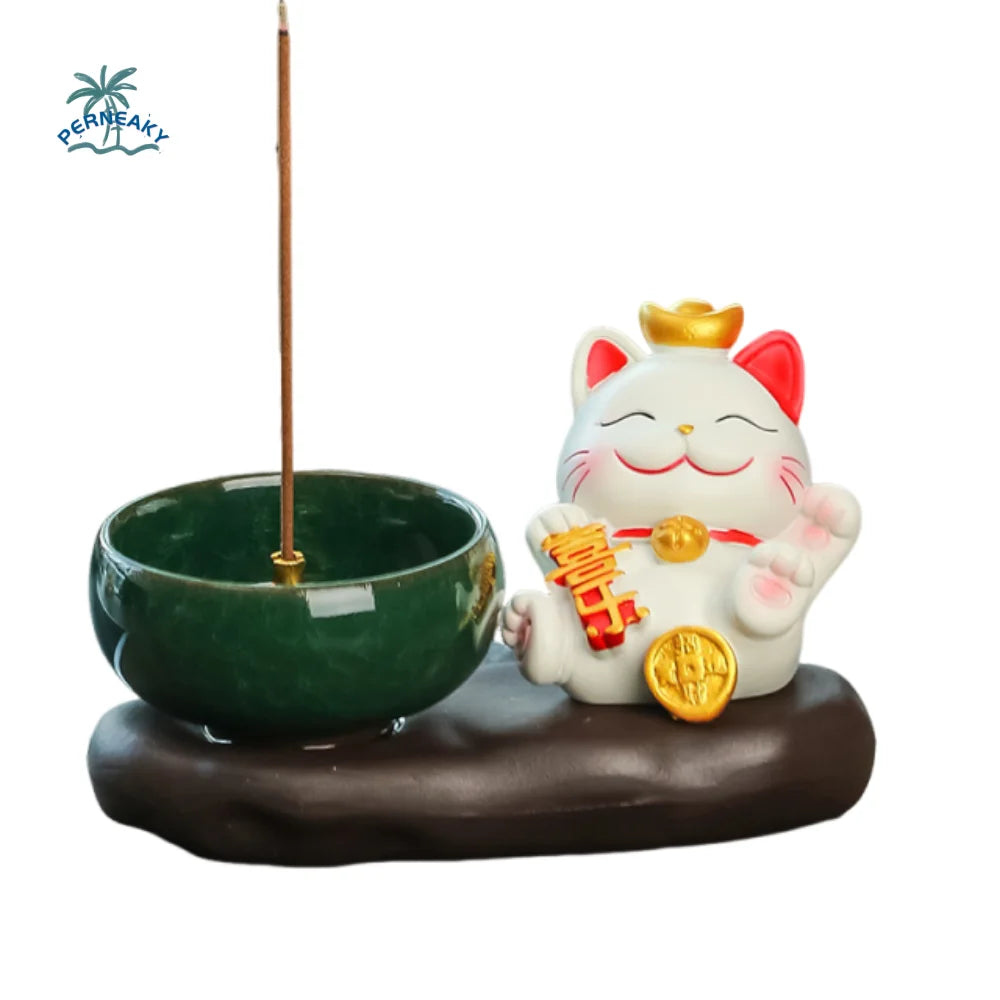 bougeoir statuette chat porte bonheur motifs chinois traditionnels vert blanc rouge doré artisanal