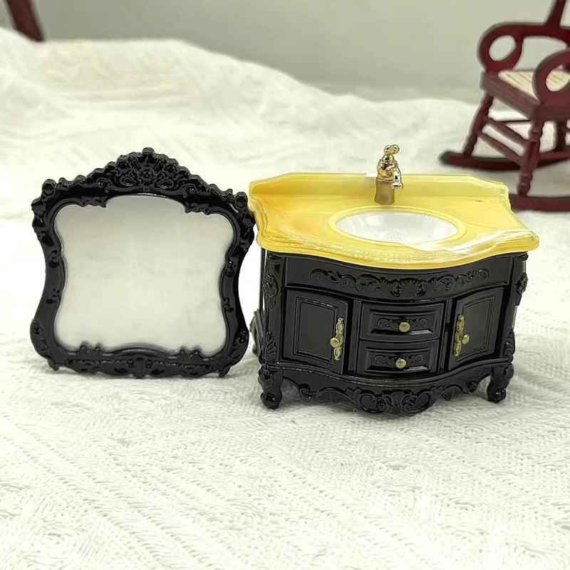meubles miniatures salle bain lavabo miroir decoratif noir jaune blanc classique enfants jouets