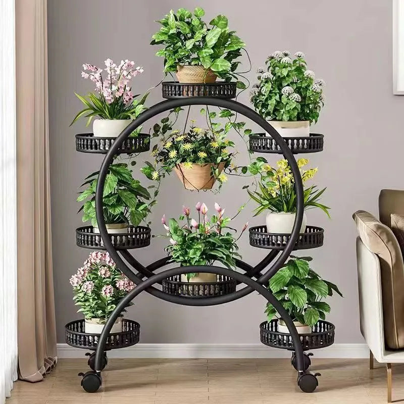 meuble plantes moderne métal noir blanc marron plateaux ovales roulettes circulaire multifonction minimaliste