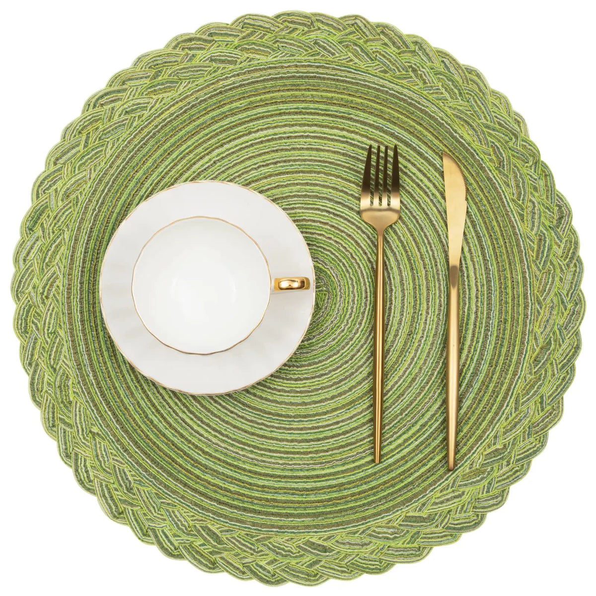 serviettes table rondes modernes vert clair tissées fils transparents respectueux environnement decoration table assises