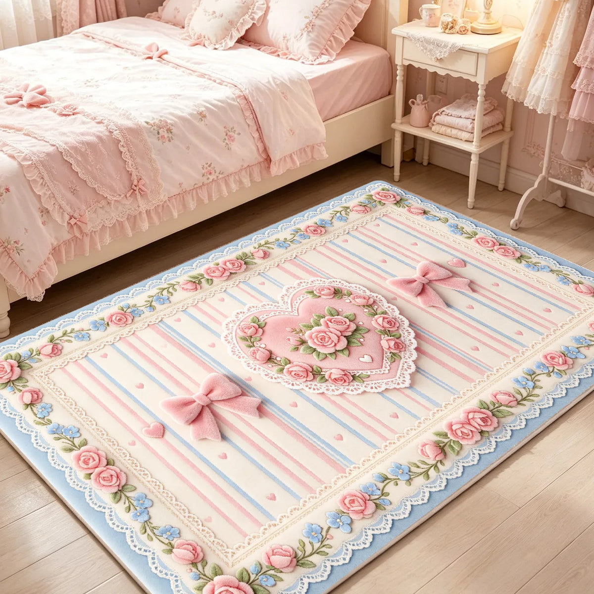 tapis rose romantique lolita rubans roses coeurs dentelle salon chambre 140x200cm polyester