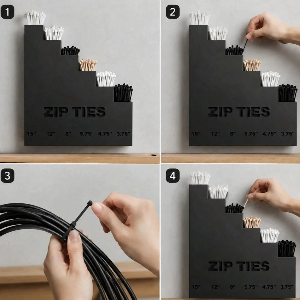 organisateur zip ties noir industriel mural escalier utilitaire fixations textiles rangement outils garage atelier