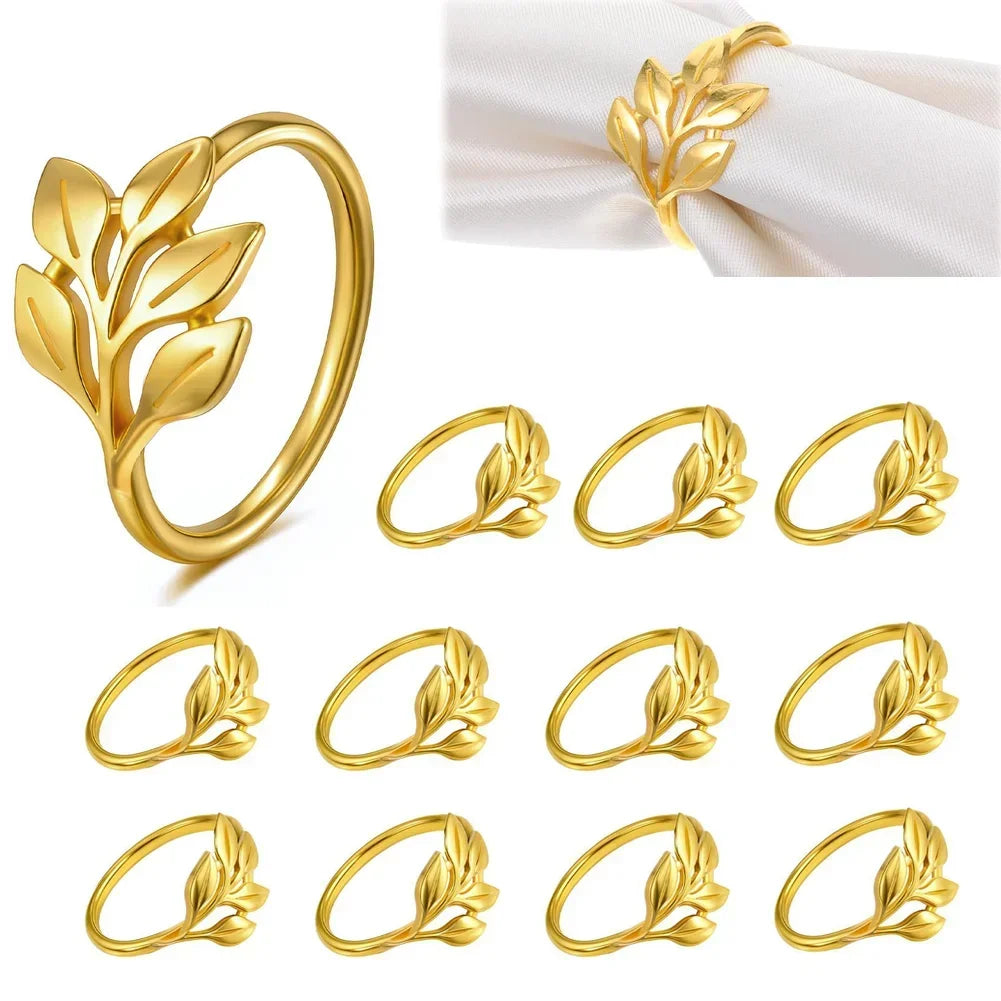 anneaux serviette feuilles stylisées blanc doré moderne élégants adhésifs ensemble 12 métal brillant table