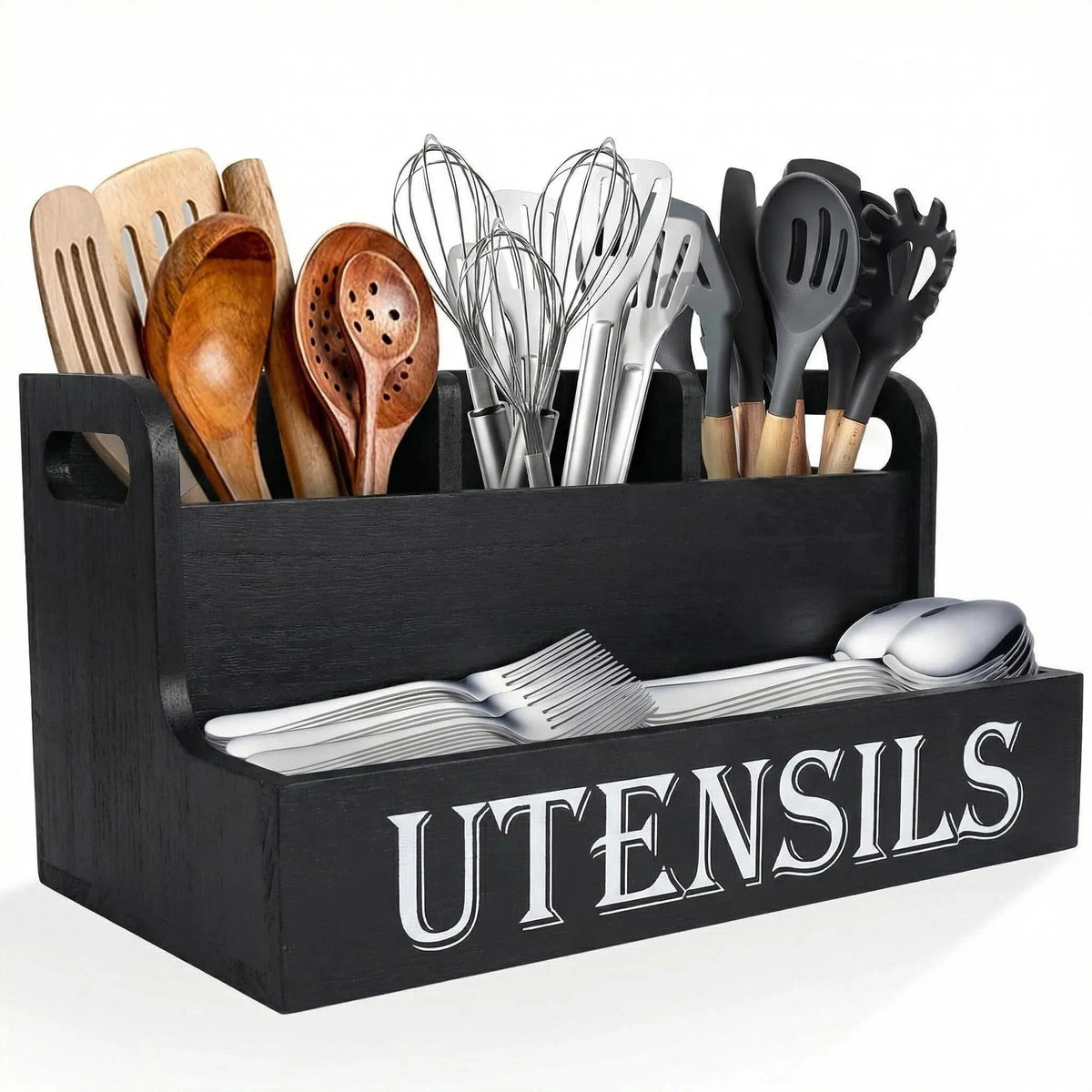 boîte ustensiles bois blanc rustique couteaux fourchettes cuillères spatules pinceaux pâte cuillère soupe dessert