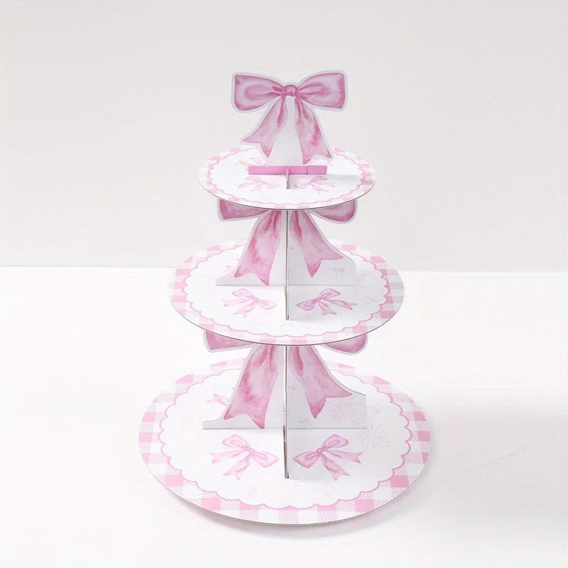 présentoir gâteaux trois niveaux papier rose blanc rubans aquarellés motifs carreaux décoration fête anniversaire