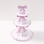 présentoir gâteaux trois niveaux papier rose blanc rubans aquarellés motifs carreaux décoration fête anniversaire