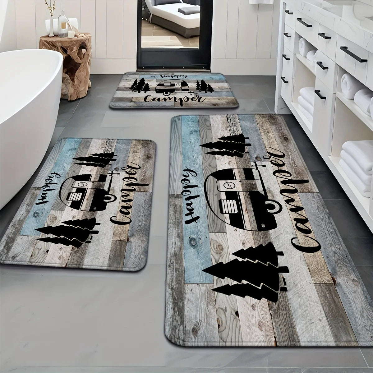 tapis sol imperméable antidérapant polyester flanelle bleu clair gris naturel camping rustique happy camper