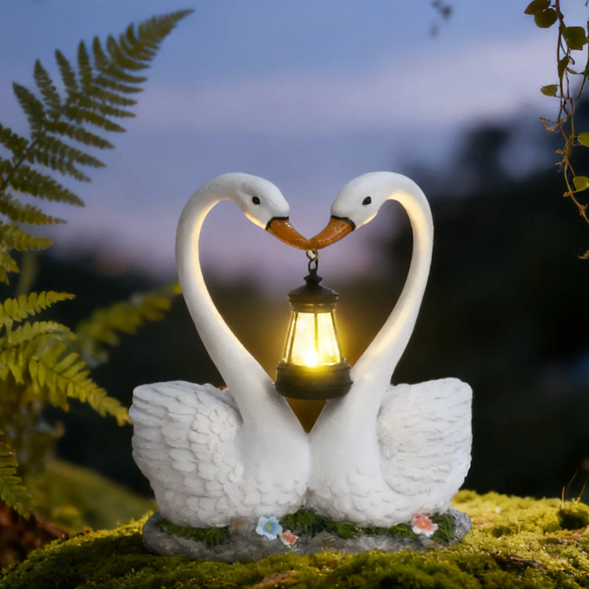 statue cygnes blanc plumes détaillées lanterne intégrée fleurs décoratives jardin réalisteextérieur