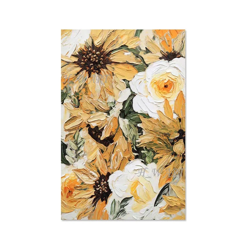 tableau abstrait impressionniste fleurs tournesols roses toile murale moderne sans cadre vertical huile