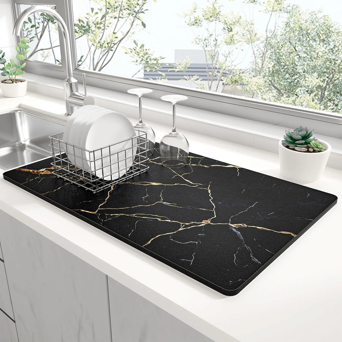 tapis cuisine marbre veines dorées moderne blanc noir vert respectueux environnement 20x30cm 30x40cm 40x60cm