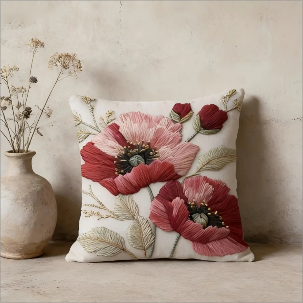 coussin carré blanc motif floral fleurs roses feuilles vertes bohême opacité 100% polyester lit