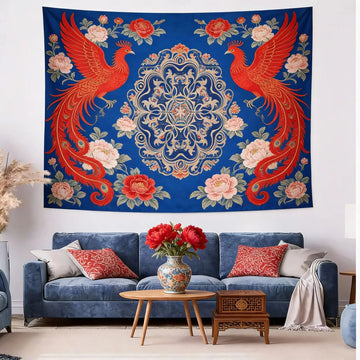 tapisserie moderne ornements floraux oiseaux mandala noir blanc bleu marine rouge beige gris décoration