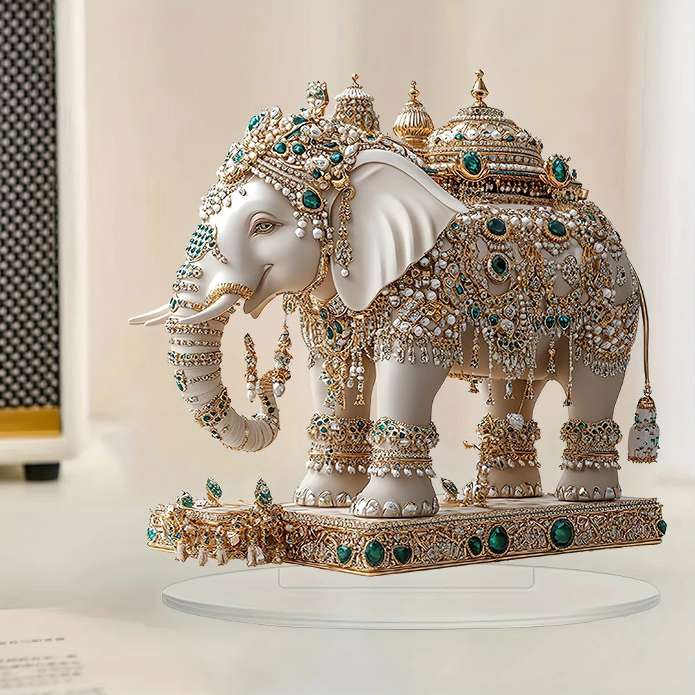 statue élégante éléphant blanc doré artisanal support transparent traditionnel ornement diamants