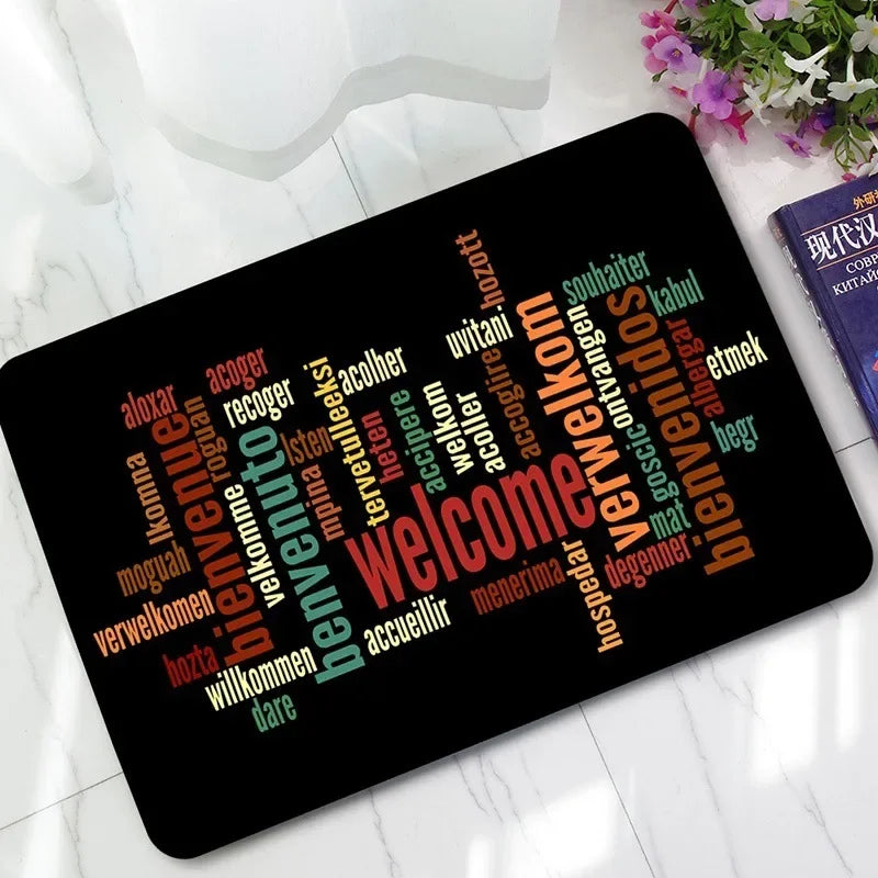 tapis antidérapant polygoneux motifs textes multilingue couleurs vives porte sol moderne