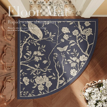 tapis sol rond motif floral fleurs oiseaux beige vert olive salle bain intérieur