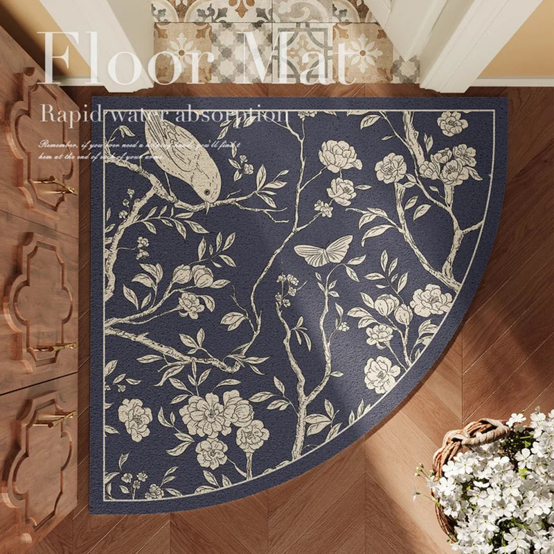 tapis sol rond motif floral fleurs oiseaux beige vert olive salle bain intérieur