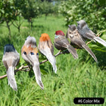 ornements décoration oiseaux artificiels plumage brillant points dorés gris orange vert jaune marron bleu