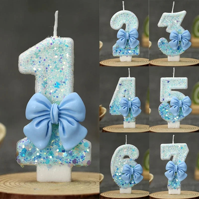 bougies anniversaire numérotées paillettes blanches bleues décoratives festives tringle nœud