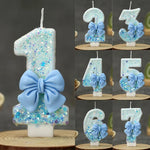 bougies anniversaire numérotées paillettes blanches bleues décoratives festives tringle nœud