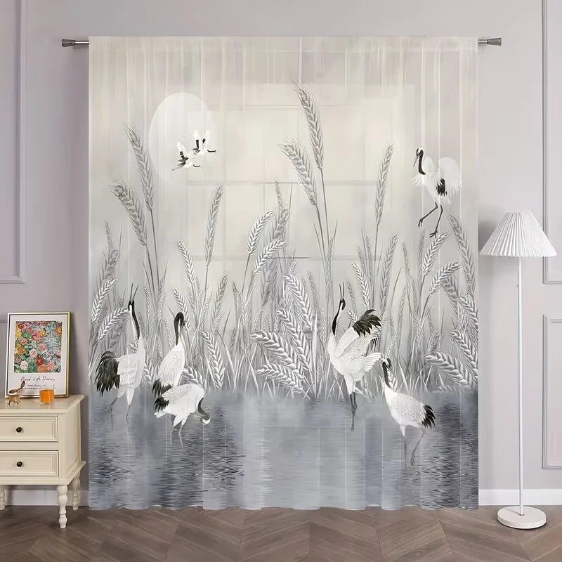rideau imprimé oiseaux épis blé moderne transparent blanc gris fixations polyester large choix dimensions