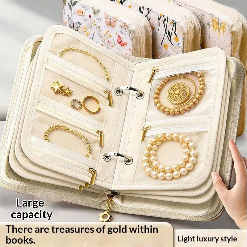 sac rangement bijoux zip fleurs motifs floraux beige doré blanc
