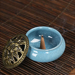 brûleur encens céramique effet craquelé bleu rouge noir vintage artisanal aromatique