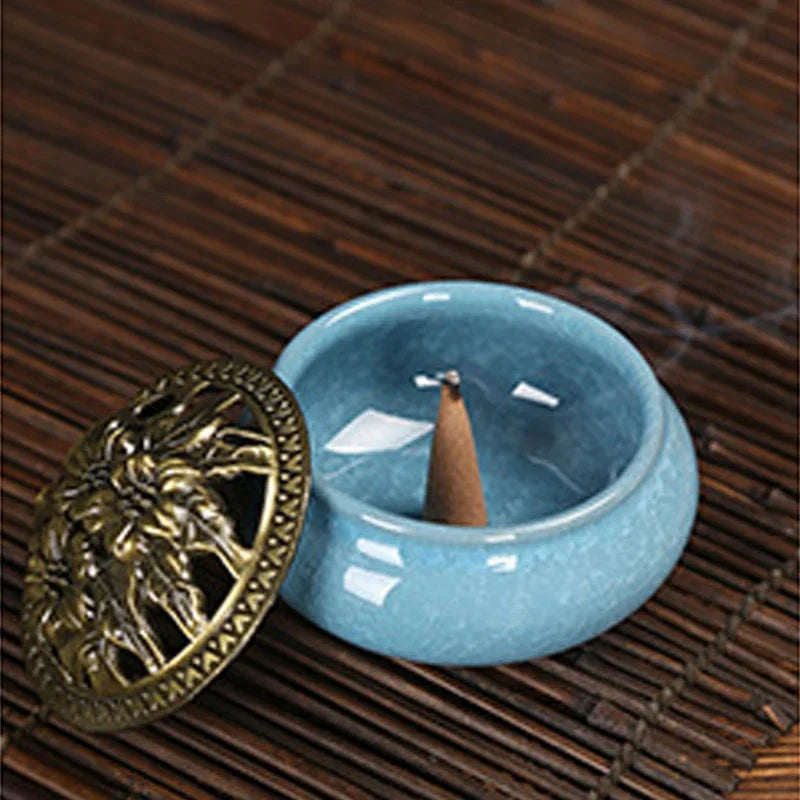 brûleur encens céramique effet craquelé bleu rouge noir vintage artisanal aromatique