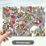 puzzle isométrique ville miniature multicolore personnages bâtiments mobilier urbain végétation panneaux publicitaires
