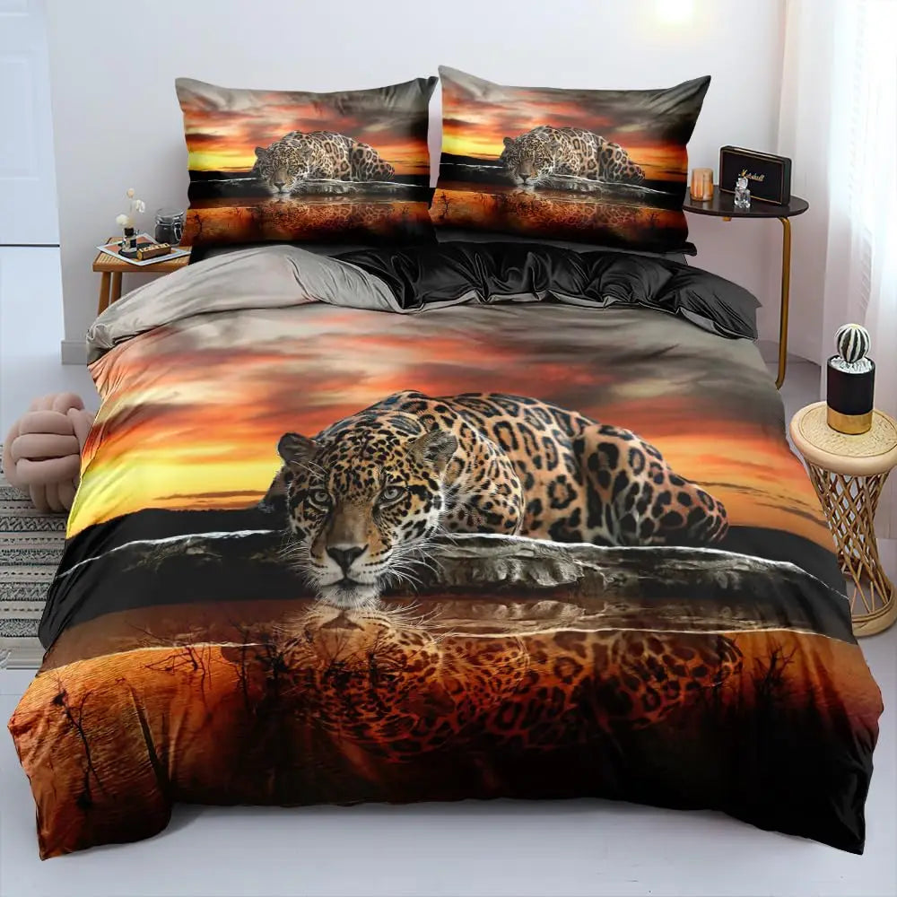 Housse de couette guépard dans une chambre décorée style jungle chic