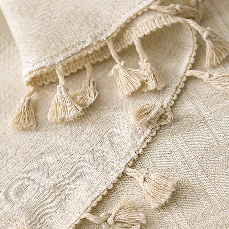 nappe tissée géométrique blanche crème tasselée classique maison événement festif