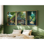 toile d'art paysage urbain traditionnel arbres maison route vert bleu brun beige sans cadre