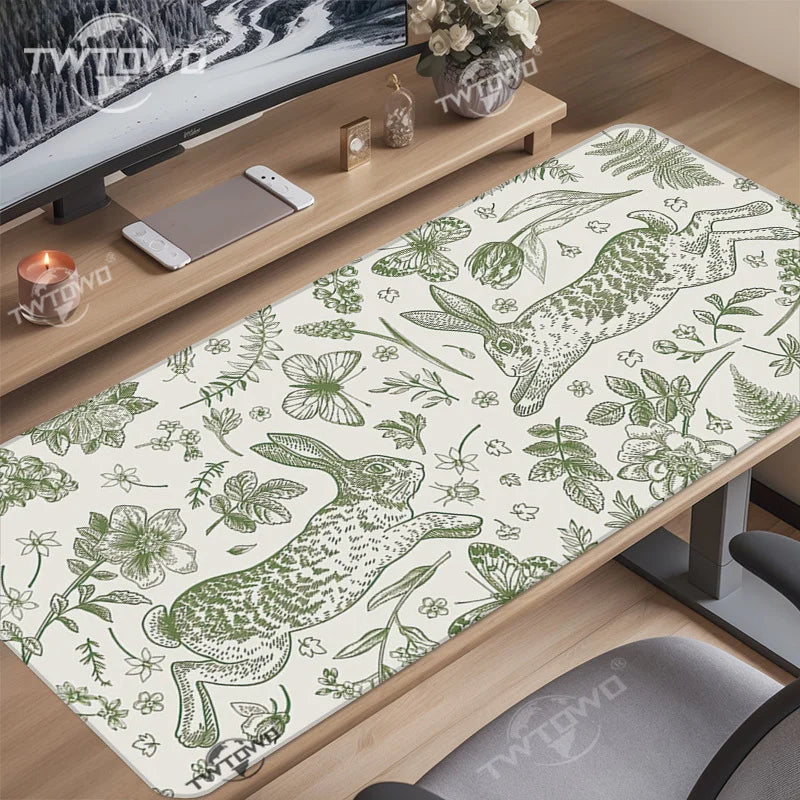 tapis souris lapin vert fleurs graphique adhésif grande taille gamer blanc naturel
