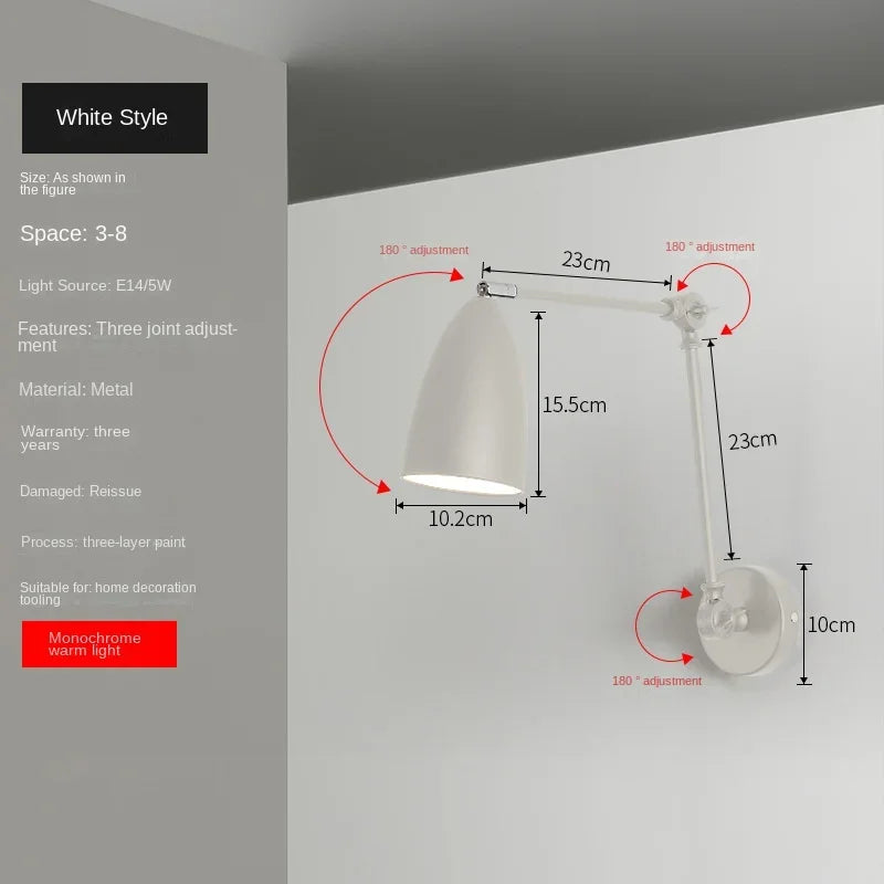 lampe murale moderne réglable led nickel blanc noir opaque fixée 23cm 15.5cm