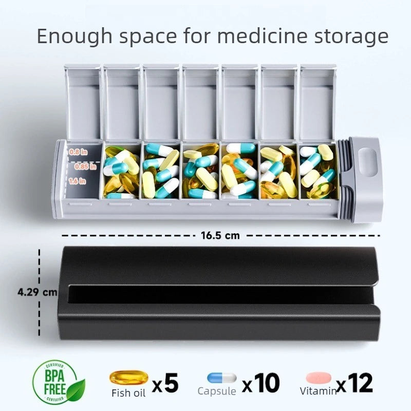 organiseur médicaments boîte semaine compartiments étiquettes noir gris moderne pratique