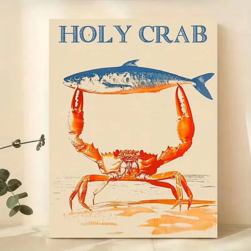 affiche toile crabe poisson illustration vintage salon chambre orange bleu beige sans cadre 70x50cm