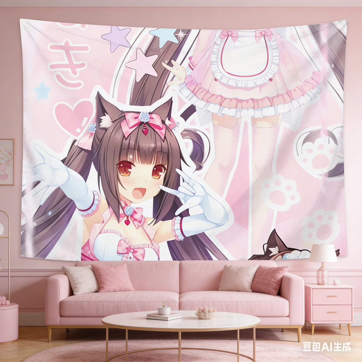 tapisserie murale anime fille oreilles chat coeurs étoiles couleurs douces chambre salon decoration