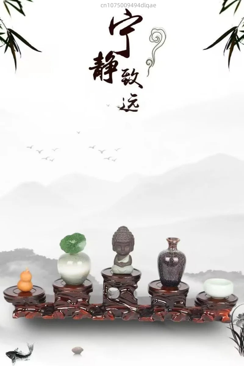 présentoir bois sculpté chinois plateformes circulaires vases céramique fleur séchée bouddha pierre