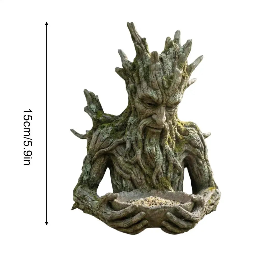 mangeoire oiseaux extérieure sculpture visage esprit forêt bol nourriture oiseaux gris marron vert mousse