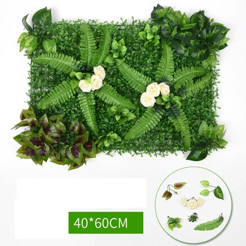 mur végétal artificiel feuilles vertes fleurs blanches moderne extérieur accroché clips inclusion