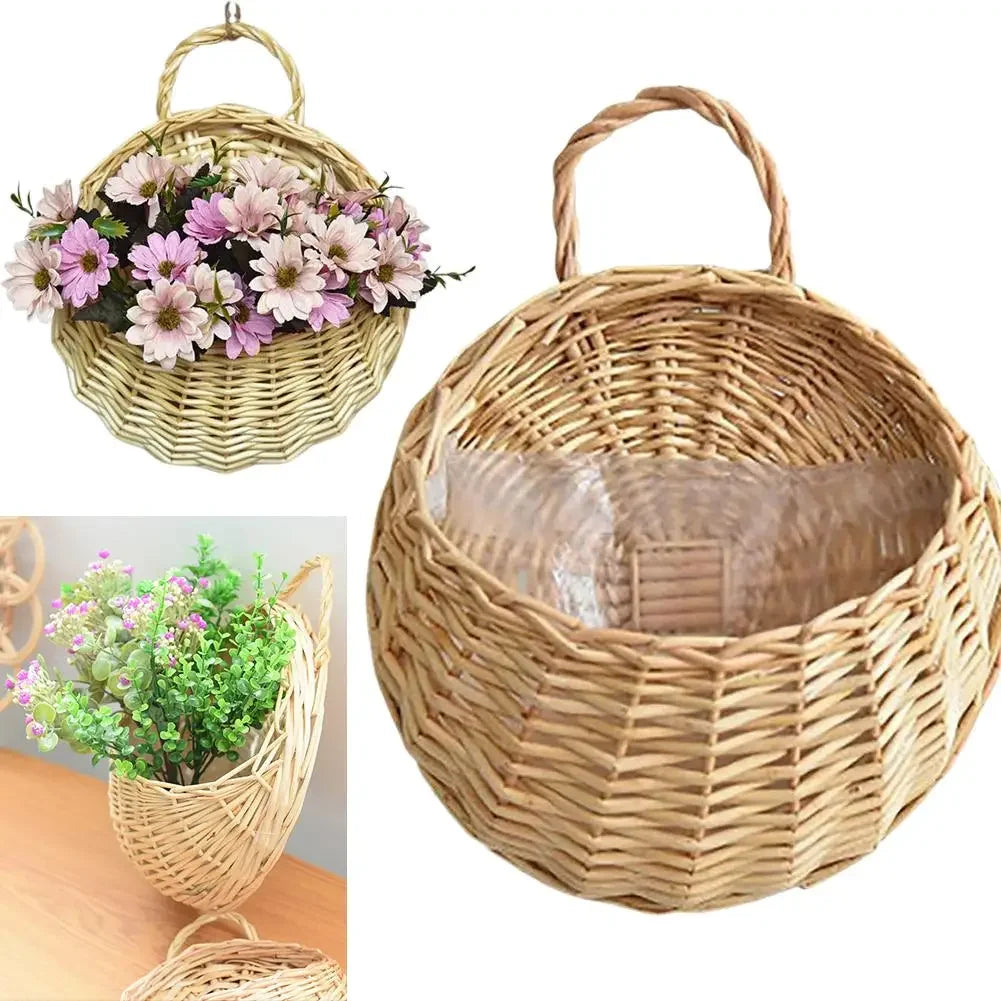 panier osier naturel tressé traditionnel anneau métallique suspension fleurs artificielles