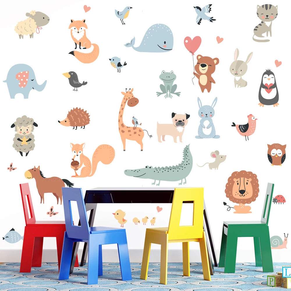 sticker mural animal dessin animé adhésif pvc bleu orange gris vert rose blanc mignon
