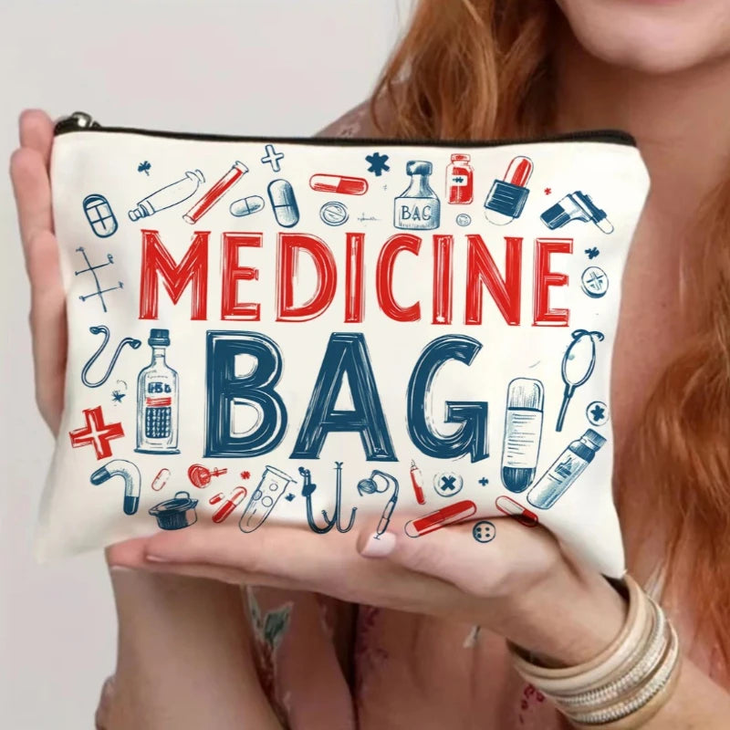 sac rangement polyestère pliable blanc motif bouteille médicaments rouge illustrations techniques humoristiques portable