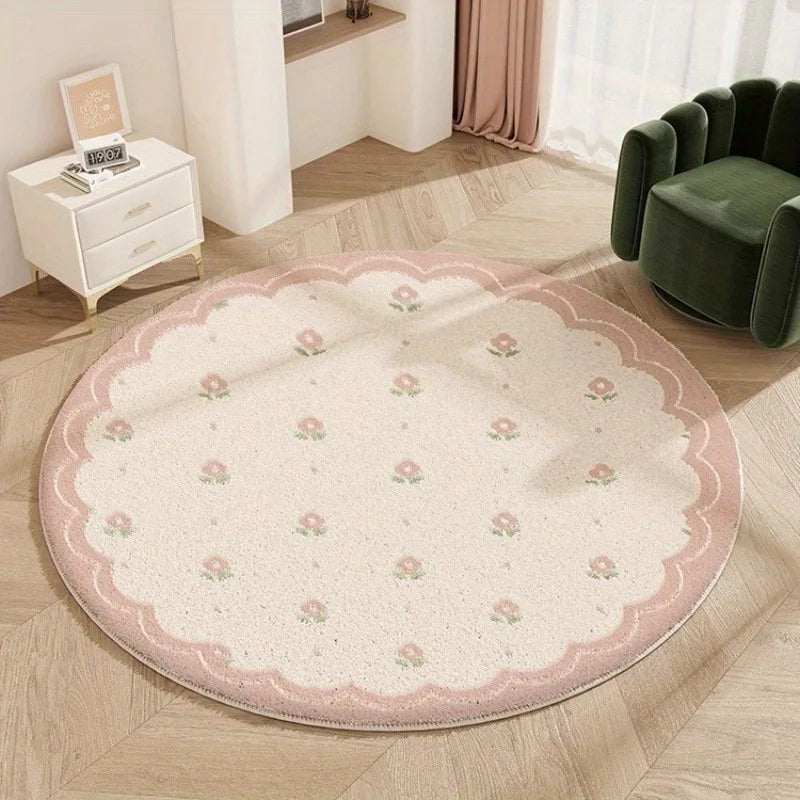 tapis rond fleurs roses moderne doux salon chambre sol intérieur polyester bordure dentelée joyeux