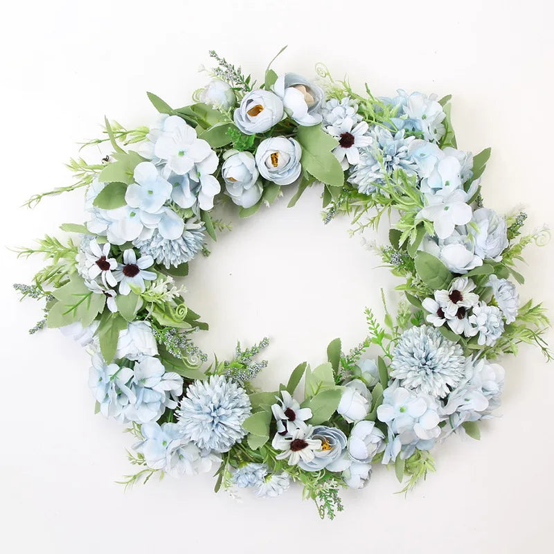décoration murale couronne florale artificielle rose clair blanc vert rustique