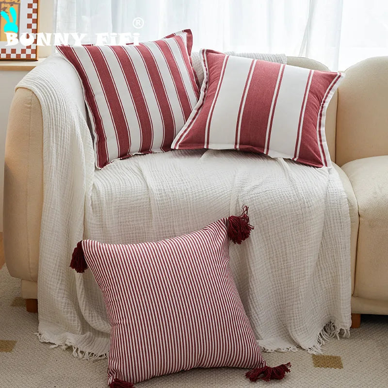 coussin carré rouge blanc rayures moderne tissage fin polyester coton tassels bord pressé occlusif